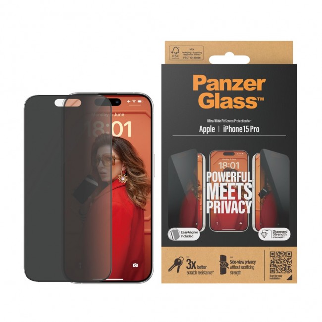 PanzerGlass Privacy Screen Protector iPhone 15 Pro | Ultra-Wide Fit w. EasyAligner Clear screen protector Apple 1 pc(s) PanzerGlass Privacy Screen Protector iPhone 15 Pro | Ultra-Wide Fit w. EasyAligner Clear screen protector Apple 1 pc(s)