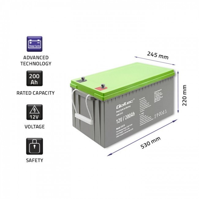 Qoltec 53079 Deep Cycle Gel battery | 12V | 200Ah | 62.5kg Qoltec 53079 Deep Cycle Gel battery | 12V | 200Ah | 62.5kg