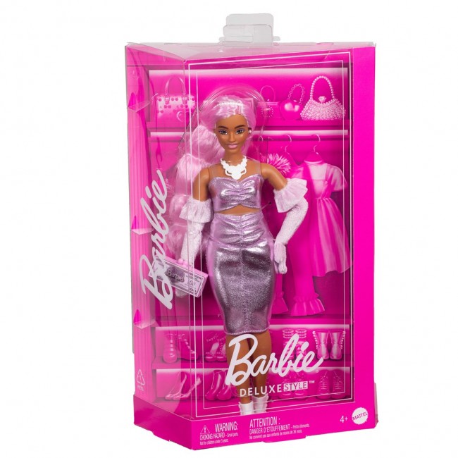 Barbie Deluxe Style Doll 1 in Glossy Pink Barbiecore Dress with Velvet Gloves, Pink Hair Barbie Deluxe Style Doll 1 in Glossy Pink Barbiecore Dress with Velvet Gloves, Pink Hair