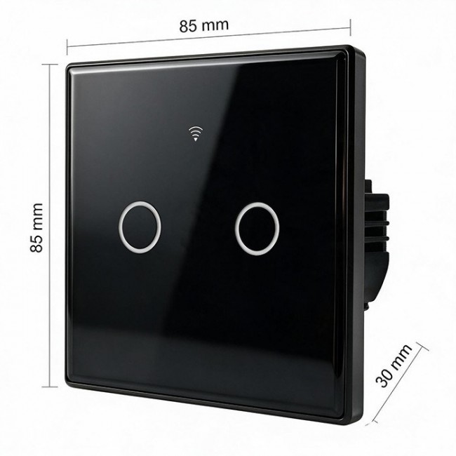 Qoltec 52712 Smart Touch 2-Gang Light Switch | Wi-Fi | Timer | Tuya | Smart Life | Tempered Glass | Black