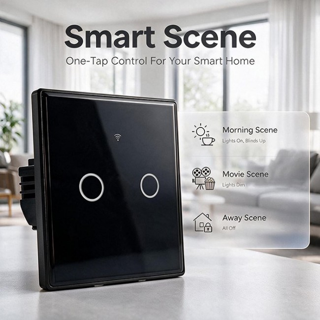 Qoltec 52712 Smart Touch 2-Gang Light Switch | Wi-Fi | Timer | Tuya | Smart Life | Tempered Glass | Black
