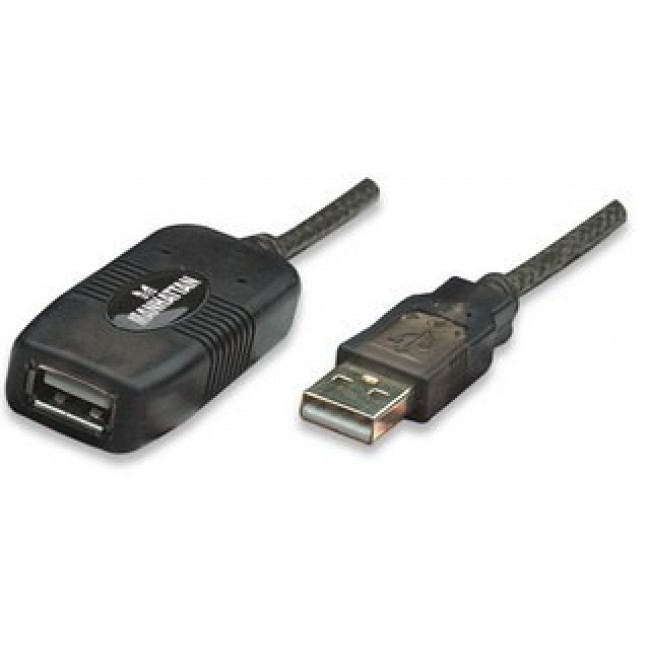 Manhattan USB-A to USB-A Extension Cable, 10m, Male to Female, Active, 480 Mbps (USB 2.0), Daisy-Chainable, Built In Repeater, Hi-Speed USB, Black, Three Year Warranty, Equivalent to USB2AAEXT10M.