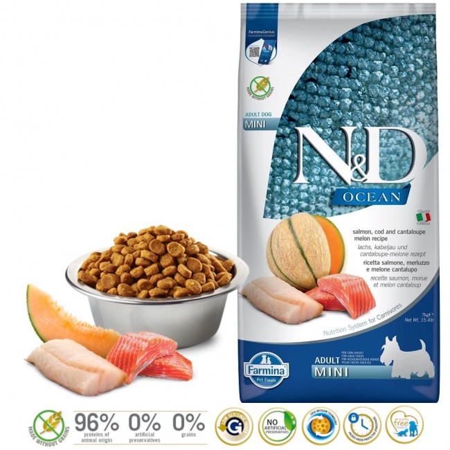 FARMINA N&D Ocean Dog Salmon, Cod, Cantaloupe, Melon Adult Mini - dry dog food - 7 kg