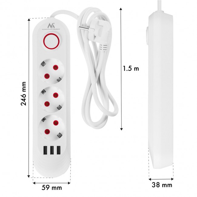 Maclean power strip, 3 socket extension + 3xUSB, 110-240V AC 50/60Hz, 2.1A max 2500W, 1.5m, white, MCE394 W Maclean power strip, 3 socket extension + 3xUSB, 110-240V AC 50/60Hz, 2.1A max 2500W, 1.5m, white, MCE394 W