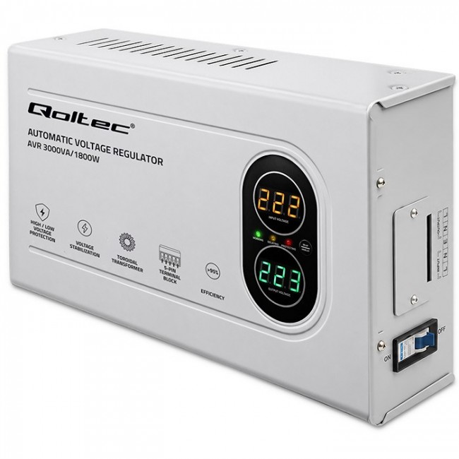 Qoltec Automatyczny Stabilizator napięcia AVR 3000VA | 1800W | Compact | Toroidalny transformator