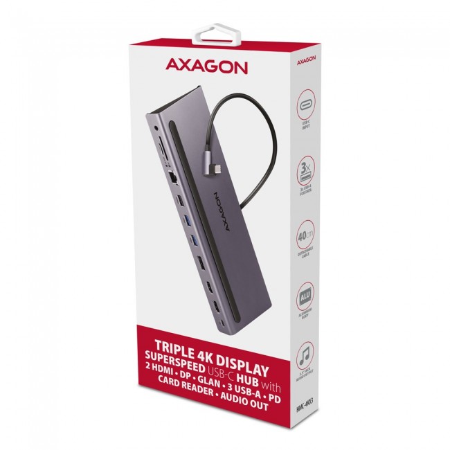 Axagon HMC-4KX3 USB 5Gbps hub, 3x USB-A, 2x HDMI, DP, RJ-45, SD/microSD, audio, PD 100W