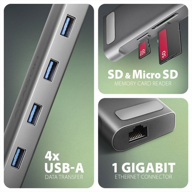 AXAGON HMC-10HLS multiport hub, 4x USB-A and 2x USB-C, HDMI 4K/60Hz, RJ-45, SD/microSD, PD 100W AXAGON HMC-10HLS multiport hub, 4x USB-A and 2x USB-C, HDMI 4K/60Hz, RJ-45, SD/microSD, PD 100W