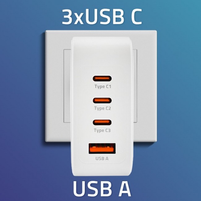 Qoltec 140W GaN Wall Charger | 5-20V | 2.5-5A | 3 x USB-C PD | 1 x USB QC 3.0 | White