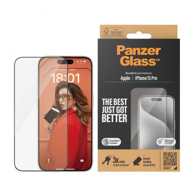 PanzerGlass Screen Protector iPhone 15 Pro | Ultra-Wide Fit w. EasyAligner Clear screen protector Apple 1 pc(s)