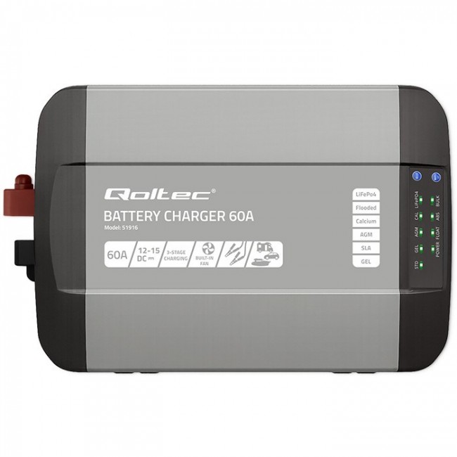 Qoltec Smart Professional Monolith Battery Charger for LiFePO4 AGM GEL SLA batteries | 60A | 12V | Fast charging
