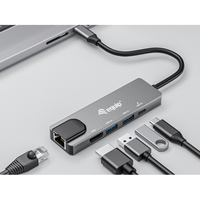 Equip USB-C 5 in1 Multifunction Adapter, HDMI, Gigabit LAN, USB 3.2 GEN1, 100W USB PD Equip USB-C 5 in1 Multifunction Adapter, HDMI, Gigabit LAN, USB 3.2 GEN1, 100W USB PD