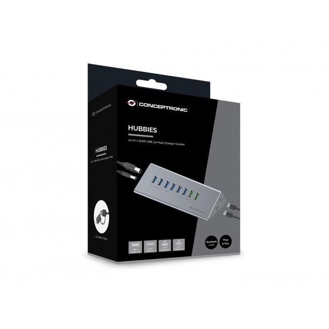 Conceptronic HUBBIES18G 10-in-1 60W USB 3.0 Hub Charger Combo, 2-in-1 USB-C USB-A Cable, USB 3.2 Gen 1