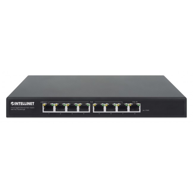 Intellinet 8-Port Gigabit Ethernet PoE+ Switch with PoE Passthrough, 1x Ultra PoE++ IEEE 802.3bt (4PPoE) PD PoE Port with 90 W Power Input, 7x PSE PoE Ports, PoE Power Budget up to 85W, IEEE 802.3at/af Compliant, Rackmount