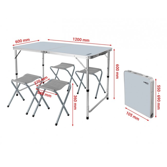 Camping set: table & 4 chairs, foldable in case