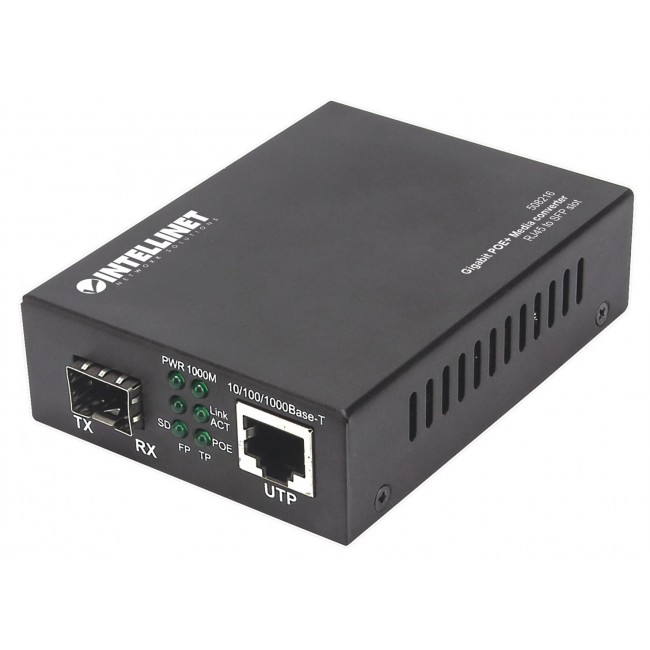 Intellinet Gigabit PoE+ Media Converter, 1 x 1000Base-T RJ45 Port to 1 x SFP Port, PoE+ Injector Intellinet Gigabit PoE+ Media Converter, 1 x 1000Base-T RJ45 Port to 1 x SFP Port, PoE+ Injector