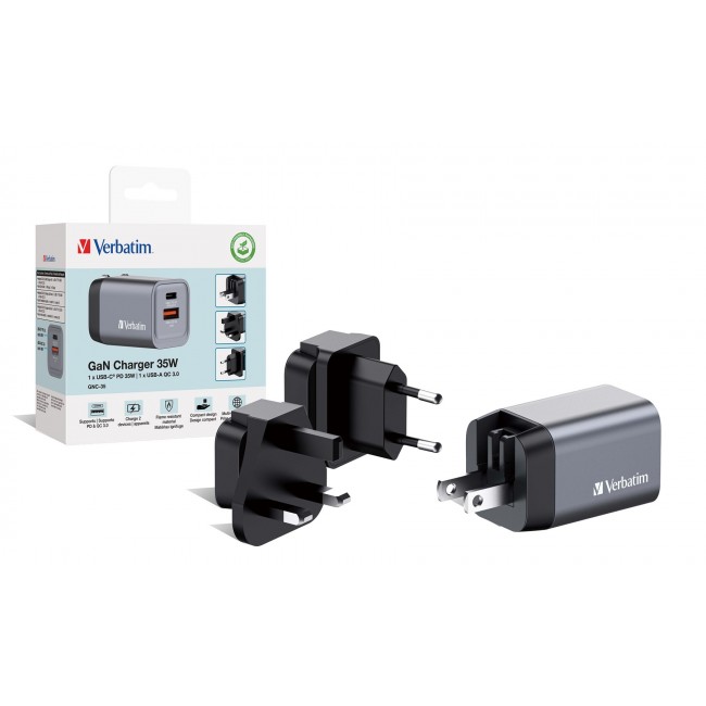 Verbatim GNC-35 GaN Charger 35W with 1 x USB-C PD 35W / 1 x USB-A QC 3.0 (EU/UK/US) Verbatim GNC-35 GaN Charger 35W with 1 x USB-C PD 35W / 1 x USB-A QC 3.0 (EU/UK/US)