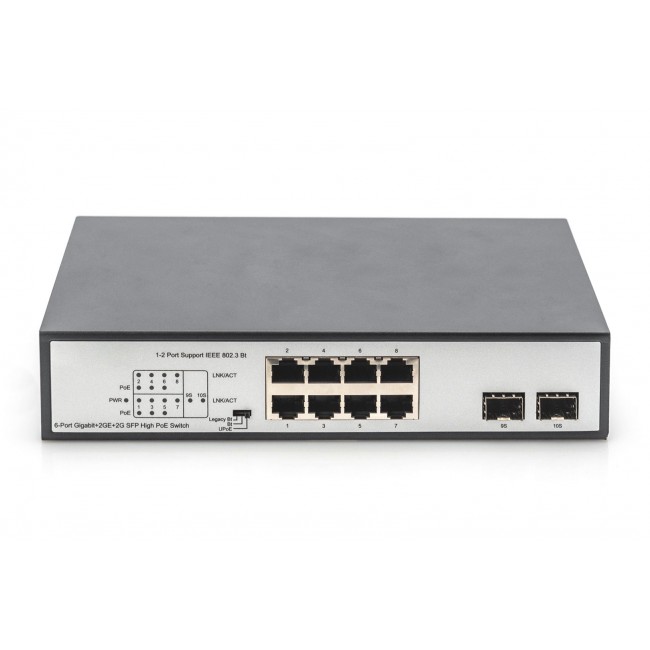 Digitus 8-Port Gigabit PoE Networkswitch, Desktop, unmanaged, 2 Uplink Ports, SFP, 180 W, af/at/bt