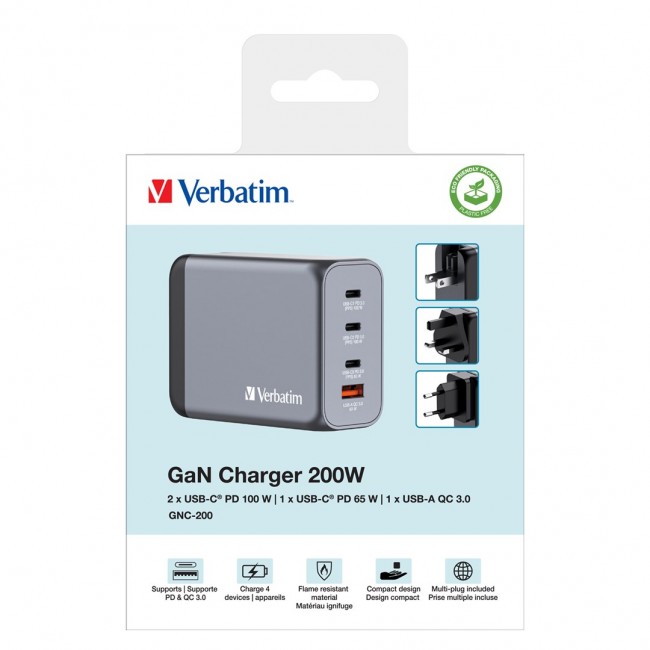 Verbatim GNC-200 GaN Charger 200W with 2 x USB-C PD 100W / 1 x USB-C PD 65W / 1 x USB QC 3.0 (EU/UK/US) Verbatim GNC-200 GaN Charger 200W with 2 x USB-C PD 100W / 1 x USB-C PD 65W / 1 x USB QC 3.0 (EU/UK/US)
