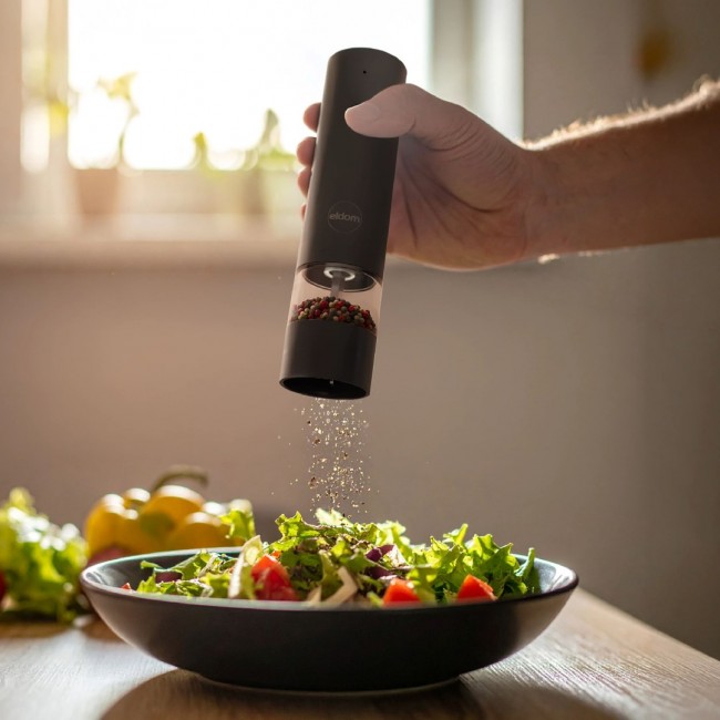 ELDOM ZMP5 BATTERY-POWERED PEPPER AND SALT GRINDER SET WITH STAND, BLACK