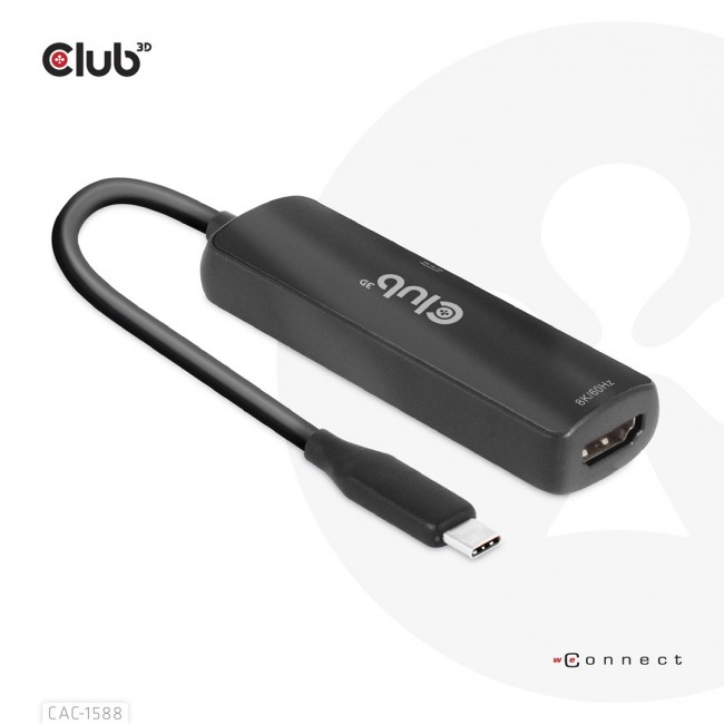 CLUB3D USB Gen2 Type-C to HDMI 8K60Hz or 4K120Hz HDR10+ with DSC1.2 with Power Delivery 3.0 Active Adapter M/F