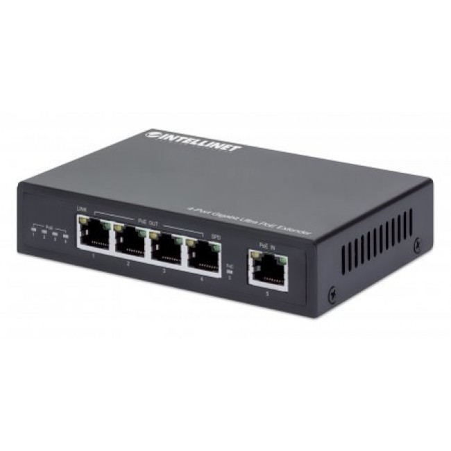 Intellinet 4-Port Gigabit Ultra PoE Extender, Adds up to 100 m (328 ft.) to PoE Range, 90 W PoE Power Budget, Four PSE Ports with up to 30 W Output, IEEE 802.3bt/at/af Compliant, Metal Housing