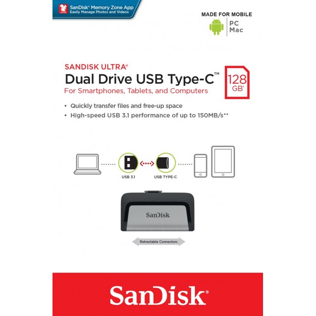 Sandisk Ultra Dual Drive USB Type-C USB flash drive 128 GB USB Type-A / USB Type-C 3.2 Gen 1 (3.1 Gen 1) Black,Silver Sandisk Ultra Dual Drive USB Type-C USB flash drive 128 GB USB Type-A / USB Type-C 3.2 Gen 1 (3.1 Gen 1) Black,Silver