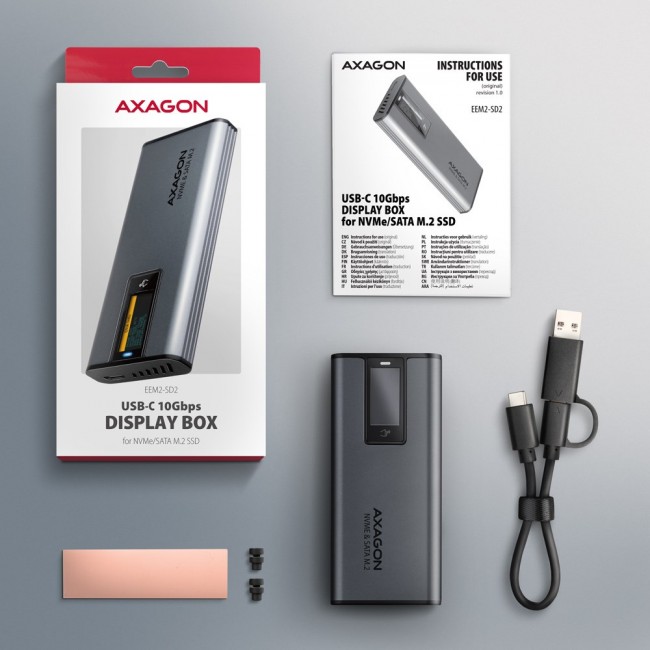 Axagon EEM2-SD2 USB-C 10Gbps - M.2 NVMe & SATA SSD DISPLAY box