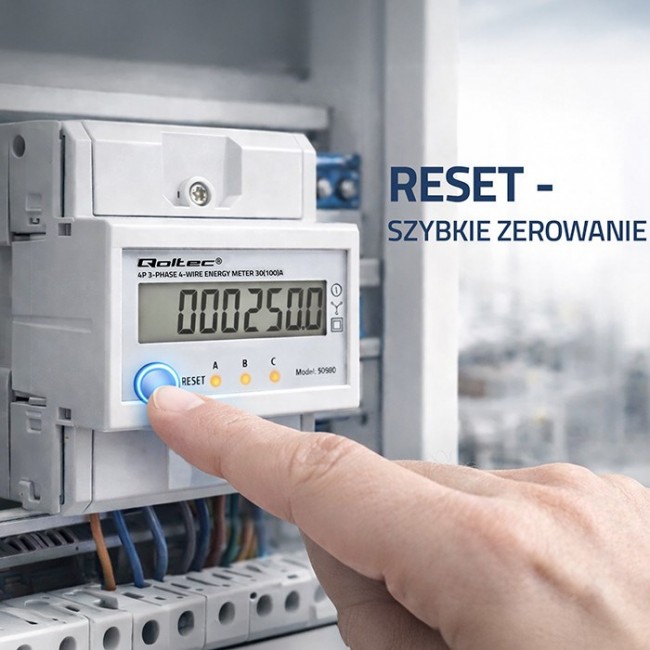 Qoltec 50980 Three-phase electronic meter with reset | DIN rail energy consumption meter | 400V | 100A | LCD | LED | 4P