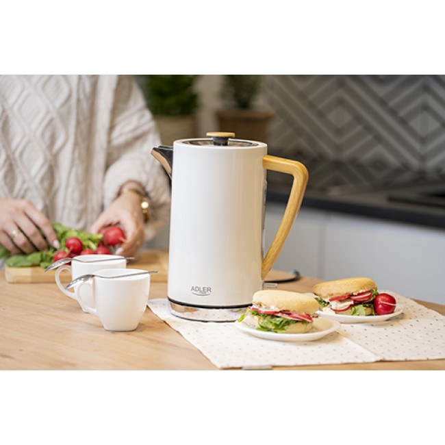 Adler AD 1347W electric kettle 1.5 L 2200 W White, Wood