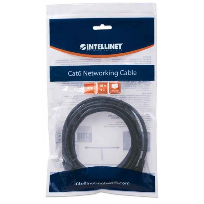 Intellinet Network Patch Cable, Cat6, 3m, Black, CCA, U/UTP, PVC, RJ45, Gold Plated Contacts, Snagless, Booted, Lifetime Warranty, Polybag