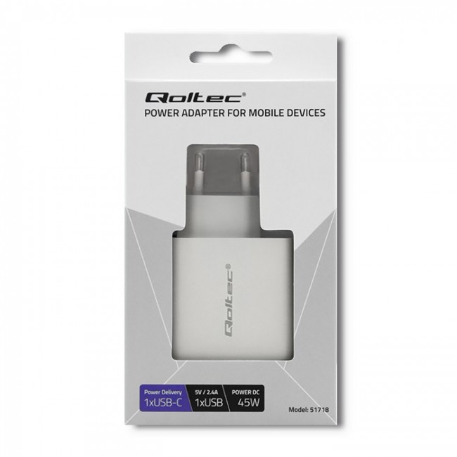 Qoltec 51718 Charger | 45W | 5-20V | 2.4-3A | USB type C PD | USB | White Qoltec 51718 Charger | 45W | 5-20V | 2.4-3A | USB type C PD | USB | White