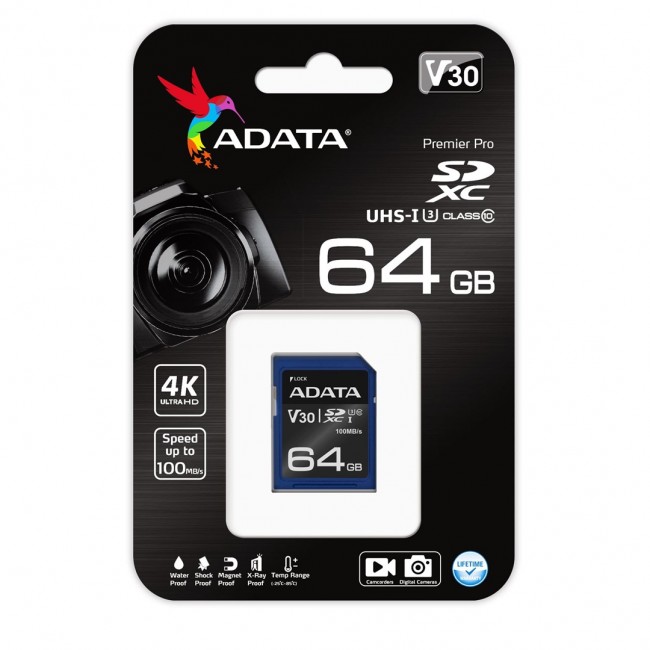 ADATA ASDX64GUI3V30S-R memory card 64 GB SDXC UHS-I Class 10 ADATA ASDX64GUI3V30S-R memory card 64 GB SDXC UHS-I Class 10