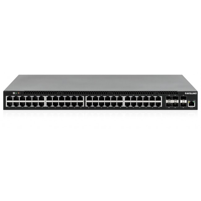 Intellinet 54-Port L3 Fully Managed PoE+ Switch with 48 Gigabit Ethernet Ports and 6 SFP+ Uplinks Intellinet 54-Port L3 Fully Managed PoE+ Switch with 48 Gigabit Ethernet Ports and 6 SFP+ Uplinks
