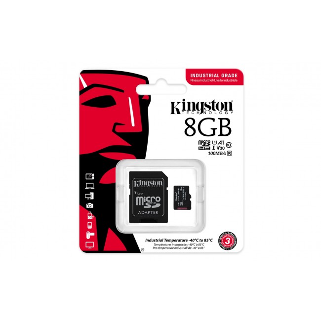 Kingston Technology 8GB microSDHC Industrial C10 A1 pSLC Card + SD Adapter Kingston Technology 8GB microSDHC Industrial C10 A1 pSLC Card + SD Adapter