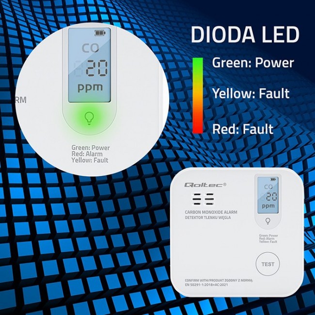 Qoltec 52577 Wireless Carbon monoxide (CO) sensor with battery | sensor service life 10 years | alarm 85dB | LED Qoltec 52577 Wireless Carbon monoxide (CO) sensor with battery | sensor service life 10 years | alarm 85dB | LED