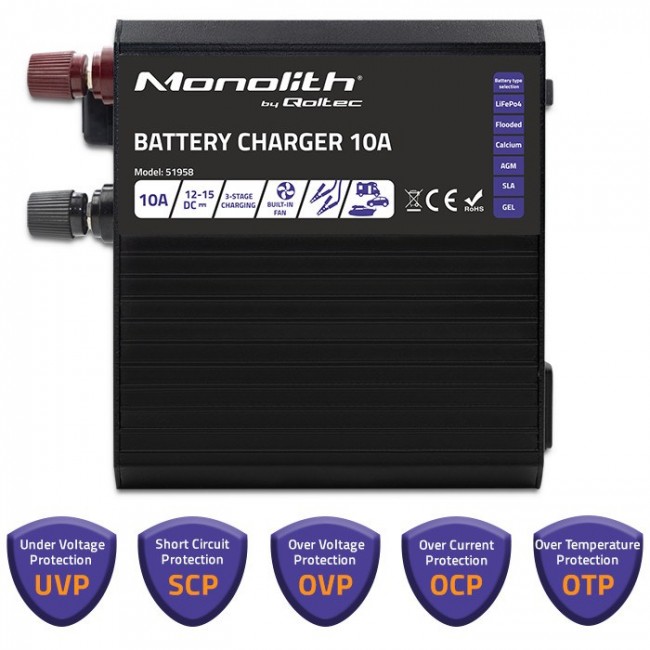 Qoltec 51958 Smart Monolith charger for LiFePO4 AGM GEL SLA batteries | 10A | 12V Qoltec 51958 Smart Monolith charger for LiFePO4 AGM GEL SLA batteries | 10A | 12V