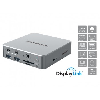 Conceptronic DONN25G 15-in-1 DisplayLink USB 3.2 Gen 2 Docking Station, Triple 4K60Hz Display, HDMI x 2, DisplayPort, USB-C 10Gbps x 2, USB-A 10Gbps x 2, USB-A 5Gbps x 2, SD, TF/MicroSD, GbE, Audio, DC in, Security Slot, PD 3.0
