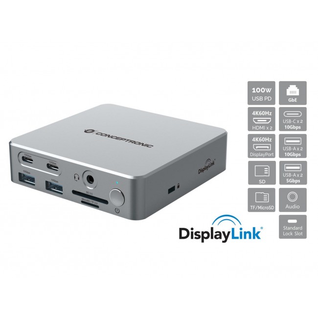 Conceptronic DONN25G 15-in-1 DisplayLink USB 3.2 Gen 2 Docking Station, Triple 4K60Hz Display, HDMI x 2, DisplayPort, USB-C 10Gbps x 2, USB-A 10Gbps x 2, USB-A 5Gbps x 2, SD, TF/MicroSD, GbE, Audio, DC in, Security Slot, PD 3.0