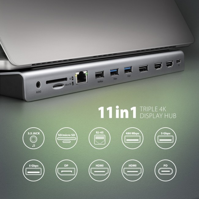 Axagon HMC-4KX3 USB 5Gbps hub, 3x USB-A, 2x HDMI, DP, RJ-45, SD/microSD, audio, PD 100W