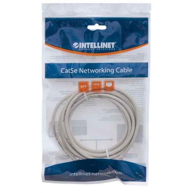 Intellinet Network Patch Cable, Cat5e, 3m, Grey, CCA, U/UTP, PVC, RJ45, Gold Plated Contacts, Snagless, Booted, Lifetime Warranty, Polybag