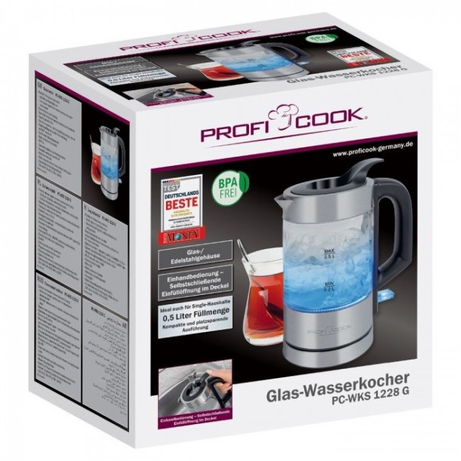 ProfiCook PC-WKS 1228 G electric kettle 0.5 L 1100 W Stainless steel, Transparent