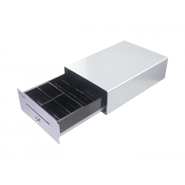Equip Cash Register Drawer for Point of Sale (POS) System, 4 Bill/4 Coin Compartments, Removable Coin Slots, RJ11 connector, Aluminum