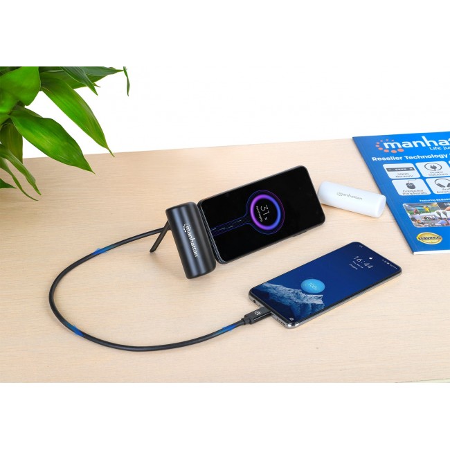 Manhattan Power Bank with integrated USB-C plug, 5000 mAh, Up to 20W output, Kickstand for Use as Charging Phone Holder, Black, One Year Warranty