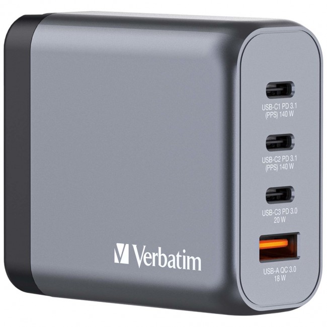 Verbatim GNC-140 GaN Charger 140W with 2 x USB-C PD 140W / 1 x USB-C PD 20W / 1 x USB-A QC 3.0 (EU/UK/US) Verbatim GNC-140 GaN Charger 140W with 2 x USB-C PD 140W / 1 x USB-C PD 20W / 1 x USB-A QC 3.0 (EU/UK/US)