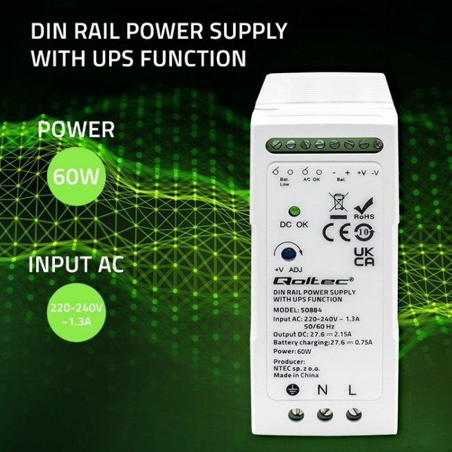 Qoltec 50884 DIN Rail Power Supply with UPS function | 60W Qoltec 50884 DIN Rail Power Supply with UPS function | 60W