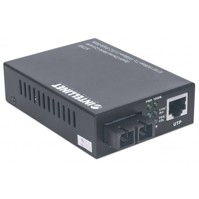 Intellinet Gigabit Ethernet Single Mode Media Converter, 10/100/1000Base-T to 1000Base-Lx (SC) Single-Mode, 20km (Euro 2-pin plug)
