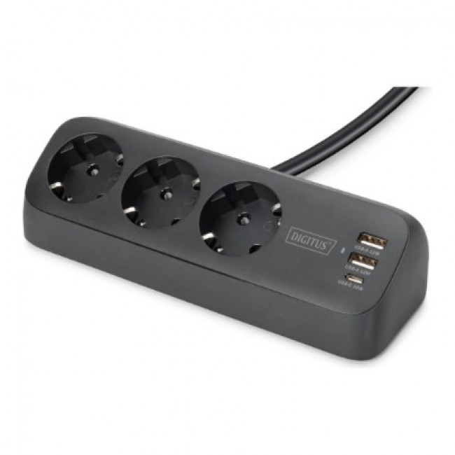 Digitus 3-way office socket strip with 2x USB-A and 1x USB-C connections, black
