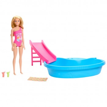 Barbie Doll and Pool Playset, Blonde with Pool, Slide, Towel and Drink Accessories