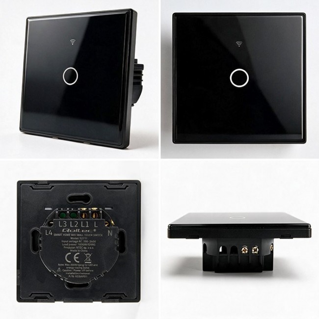 Qoltec 52711 Smart Touch 1-Gang Light Switch | Wi-Fi | Timer | Tuya | Smart Life | Tempered Glass | Black