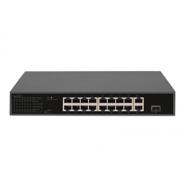 Digitus 16 Port Fast Ethernet PoE Switch , 2 Gigabit Uplinks (RJ45 / SFP) Digitus 16 Port Fast Ethernet PoE Switch , 2 Gigabit Uplinks (RJ45 / SFP)